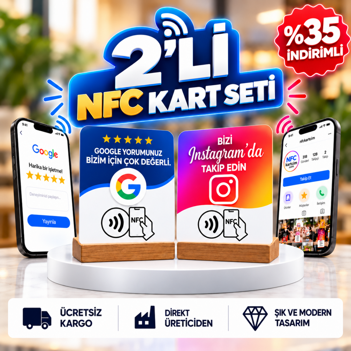 2’li NFC Kart Seti | Google Yorum & Instagram Takip Kartı