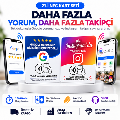 2’li NFC Kart Seti | Google Yorum & Instagram Takip Kartı
